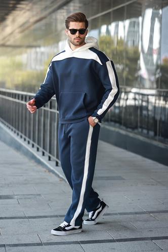 Lacivert Kapüşonlu Şerit Detaylı Erkek Eşofman Takımı E7326