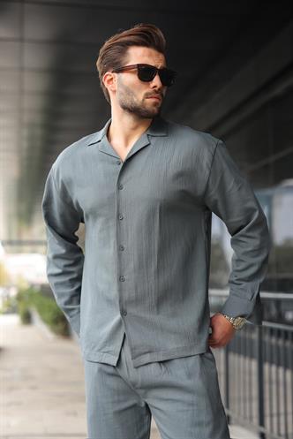 Füme Düğmeli Basic Erkek Gömlek Pantolon Takım E7335