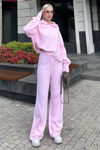 Pembe Kapüşonlu Triko Kadın Eşofman Takımı MG2237