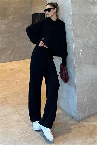 Siyah Kapüşonlu Triko Kadın Eşofman Takımı MG2237