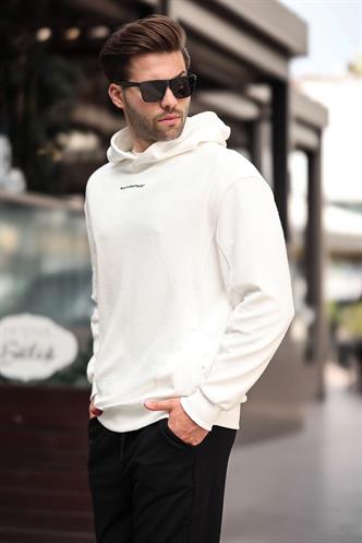 Ekru Kapüşonlu Cep Detaylı Nakışlı Erkek Sweatshirt 7050