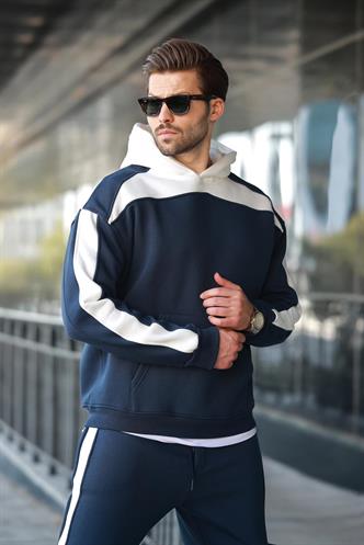 Lacivert Kapüşonlu Şerit Detaylı Erkek Eşofman Takımı E7326
