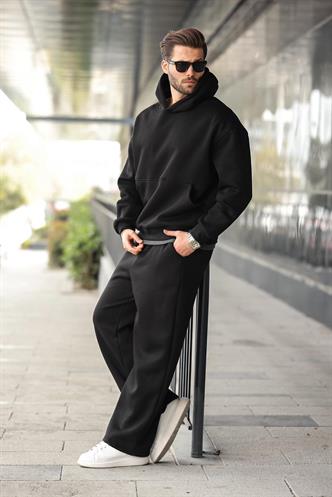 Siyah Kapüşonlu Kanguru Cep Erkek Eşofman Takımı E7338