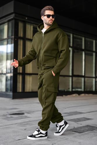 Haki Kapüşonlu Kargo Cepli Erkek Eşofman Takımı E7342