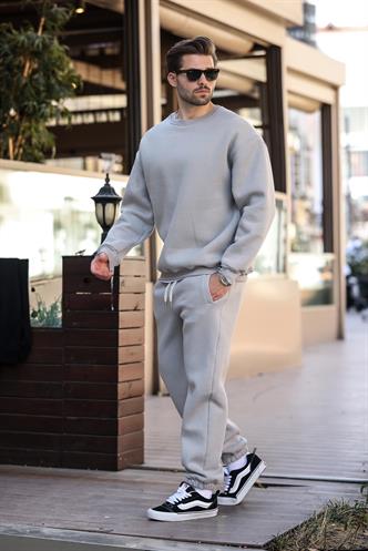 Boyalı Gri Bisiklet Yaka Basic Eşofman Takımı E7329