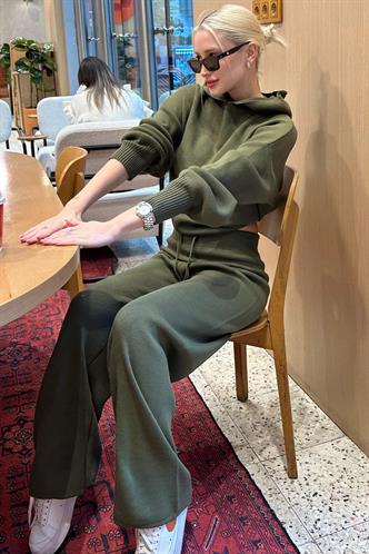 Haki Kapüşonlu Triko Kadın Eşofman Takımı MG2237