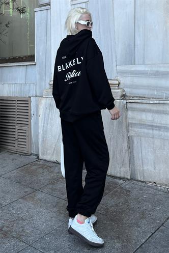 Siyah Kapüşonlu Baskılı Kadın Eşofman Takımı MG2187