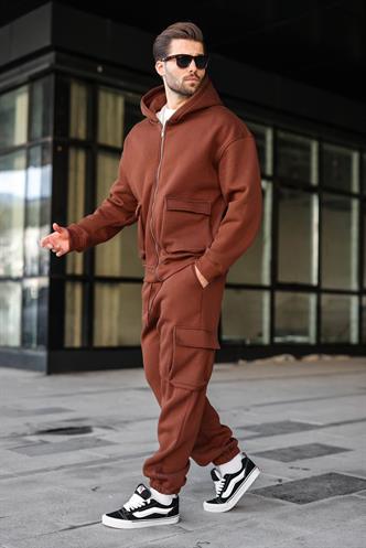 Acı Kahverengi Kapüşonlu Kargo Cepli Erkek Eşofman Takımı E7342