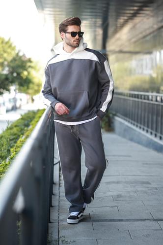 Füme Kapüşonlu Şerit Detaylı Erkek Eşofman Takımı E7326
