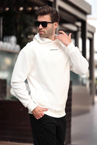 Ekru Kapüşonlu Cep Detaylı Nakışlı Erkek Sweatshirt 7050