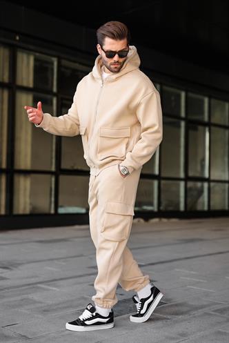 Bej Kapüşonlu Kargo Cepli Erkek Eşofman Takımı E7342