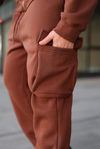 Acı Kahverengi Kapüşonlu Kargo Cepli Erkek Eşofman Takımı E7342