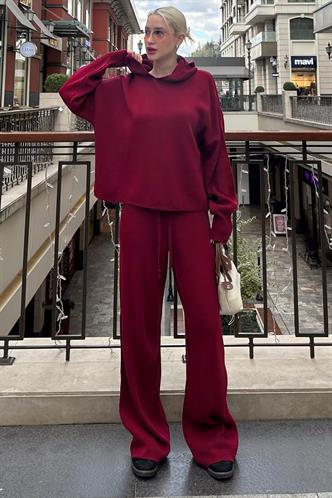 Bordo Kapüşonlu Triko Kadın Eşofman Takımı MG2237
