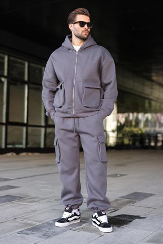 Füme Kapüşonlu Kargo Cepli Erkek Eşofman Takımı E7342