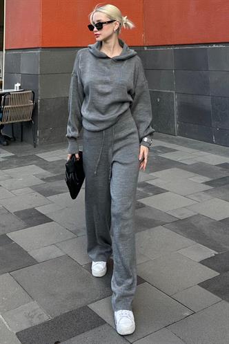 Gri Kapüşonlu Triko Kadın Eşofman Takımı MG2237