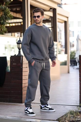 Füme Kahverengi Bisiklet Yaka Basic Eşofman Takımı E7329