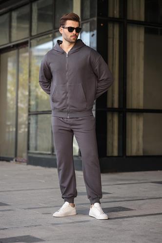 Füme Kapüşonlu Fermuarlı Basic Erkek Eşofman Takımı E7331
