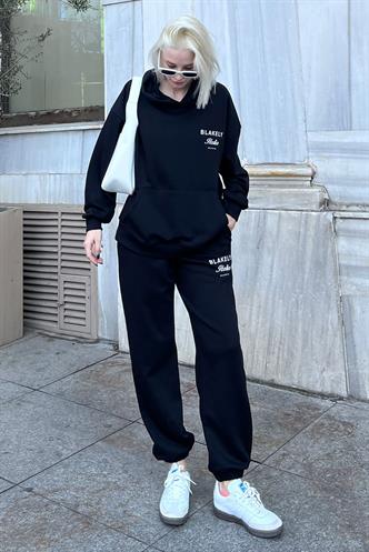 Siyah Kapüşonlu Baskılı Kadın Eşofman Takımı MG2187