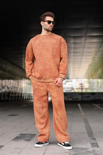 Kahverengi Bisiklet Yaka Batik Desenli Erkek Sweatshirt Pantolon Takım E7344