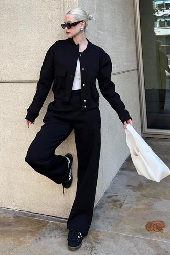 Siyah Bisiklet Yaka Kadın Ceketli Eşofman Takımı MG2182