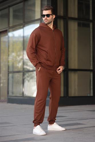 Acı Kahverengi Kapüşonlu Fermuarlı Basic Erkek Eşofman Takımı E7331