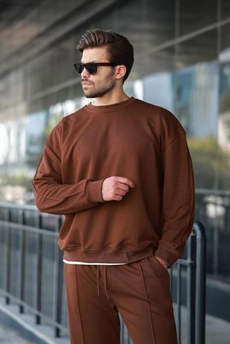 Acı Kahverengi Bisiklet Yaka Basic Erkek Eşofman Takımı E7323