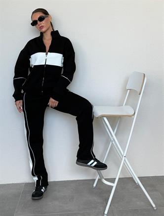 Siyah Dik Yaka Fermuarlı Şeritli Eşofman Takımı MG2216