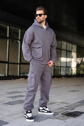Füme Kapüşonlu Kargo Cepli Erkek Eşofman Takımı E7342