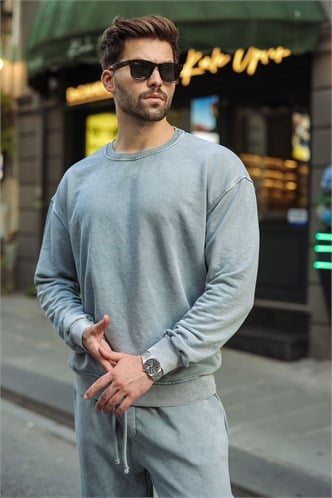 Gri Yıkamalı Bisiklet Yaka Regular Fit Erkek Sweat Eşofman Takım E7369