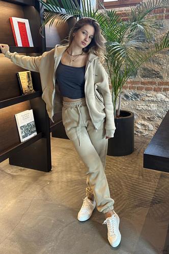 Bej Kapüşonlu Fermuarlı Eşofman Takımı MG2227