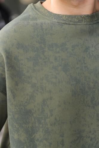 Haki Bisiklet Yaka Batik Desenli Erkek Sweatshirt Pantolon Takım E7344