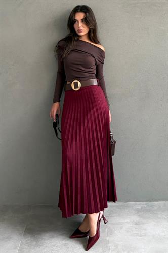Bordo Pileli Kemerli Uzun Süet Kadın Etek MG2576