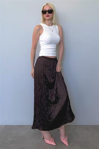 Kahverengi  Kırışık Desen Kadın Saten Etek Mg2468