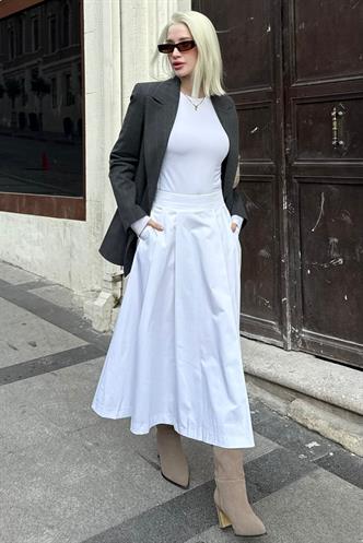 Beyaz Pileli Cepli Kadın Midi Boy Etek Mg2536