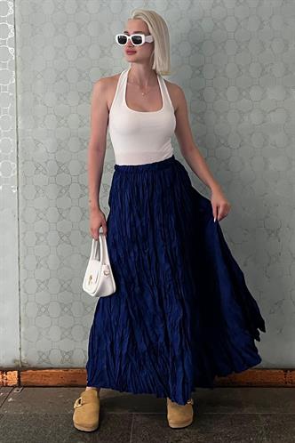 Lacivert Beli Lastikli Buruşuk Mikro Uzun Kadın Etek MG2155