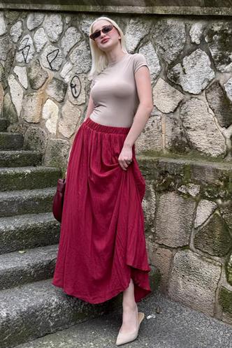 Bordo Vual Kumaş Basic Kadın Uzun Boy Kadın Etek Mg2366