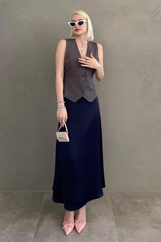 Lacivert Basic Uzun Saten Etek MG1409