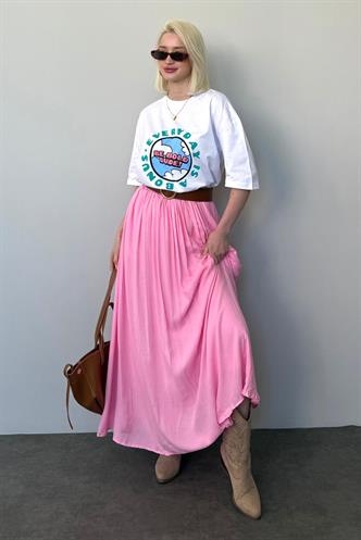 Pembe Vual Kumaş Basic Kadın Uzun Boy Kadın Etek Mg2366