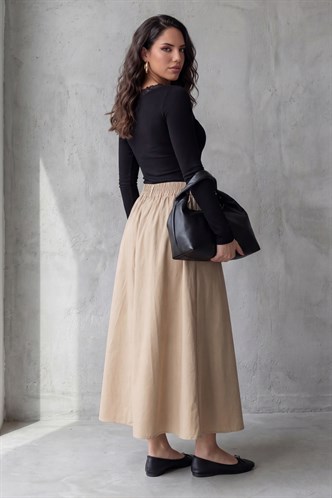 Bej Beli Lastikli Midi Boy Kadın Etek MG2616