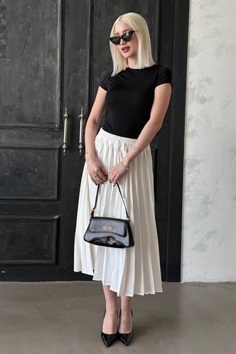 Ekru Pileli Midi Boy Kadın Etek Mg2393