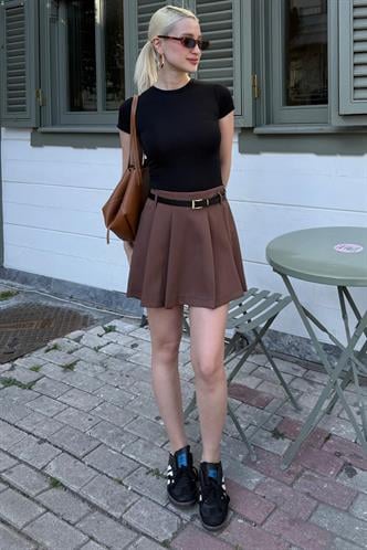 Kahverengi Pileli Kadın Mini Şort Etek Mg2402