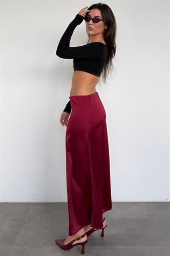 Bordo Saten Midi Boy Şık Kadın Etek MG2637