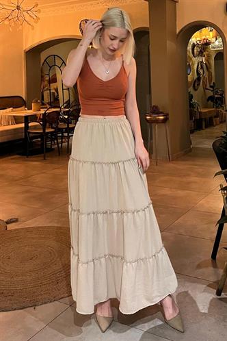 Bej Basic Pileli Kadın Uzun Etek