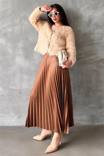 Kahverengi Pileli Kadın Etek MG2318