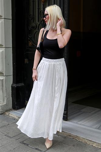 Beyaz Vual Kumaş Basic Kadın Uzun Boy Kadın Etek Mg2366