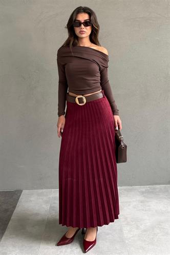 Bordo Pileli Kemerli Uzun Süet Kadın Etek MG2576
