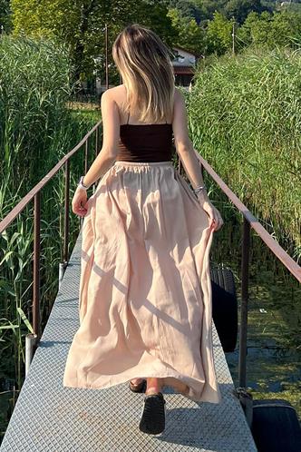 Bej Beli Lastikli Yırtmaçlı Uzun Kadın Etek MG2062