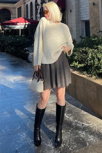 Bej Ekose Desen Kadın Pileli Etek MG2248