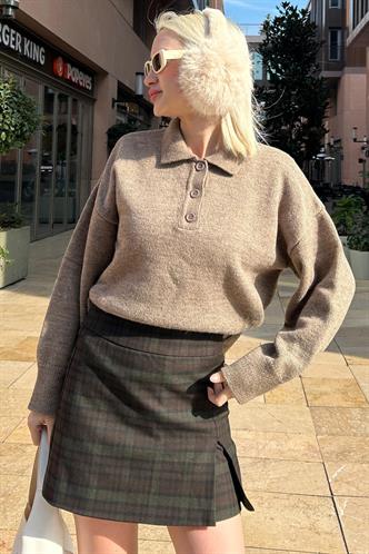 Haki  Ekoseli Kadın Şort Etek MG2316