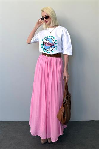Pembe Vual Kumaş Basic Kadın Uzun Boy Kadın Etek Mg2366